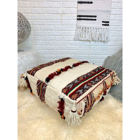 Handmade Moroccan Kilim Pouf: Berber Ottoman Floor Pillow 03YS00349 - Picture 1 of 10